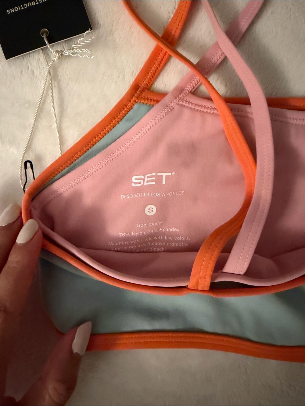 NWT SET Active Light Blue Bike Shorts and Sports Bra with Pink and Orange Trim - Picture 11 of 12